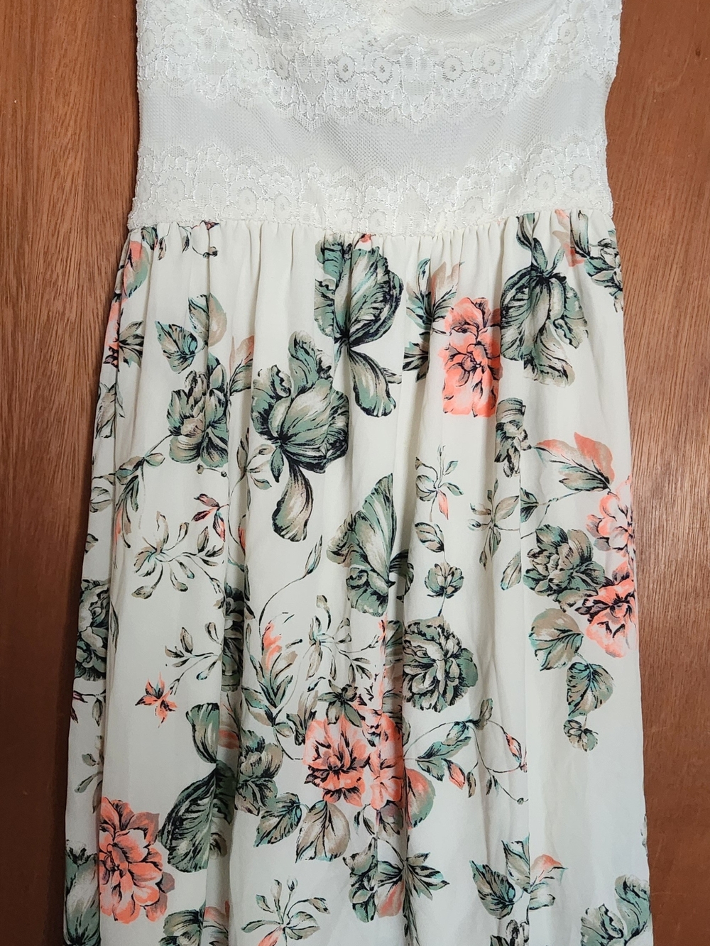 Off Shoulder Floral Lace Bodice Maxi Dress in Cream with Coral and Sage